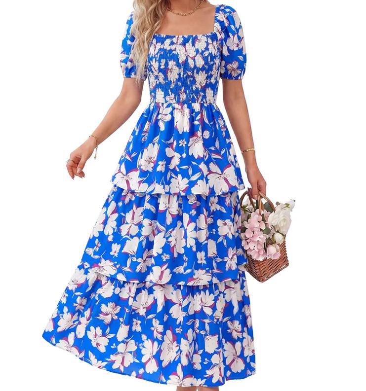 🌸 A summer dream – Chiffon maxi dress with a floral print and ruffles – short-sleeved with a round neckline👗
