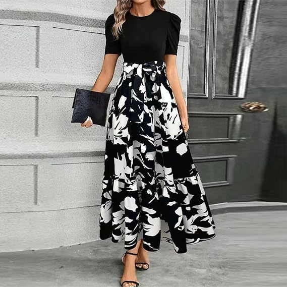 🌸Spring Specials 49% OFF🌸Women's Summer High Waist Dress Short Sleeve Crew Neck Floral