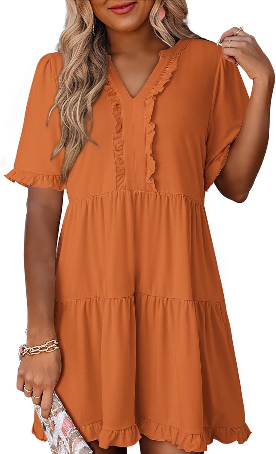 🔥2026 Summer Hot Sale 49% OFF🌈Women's V Neck Ruffle Casual A-Line Flowy Swing Shift Dress