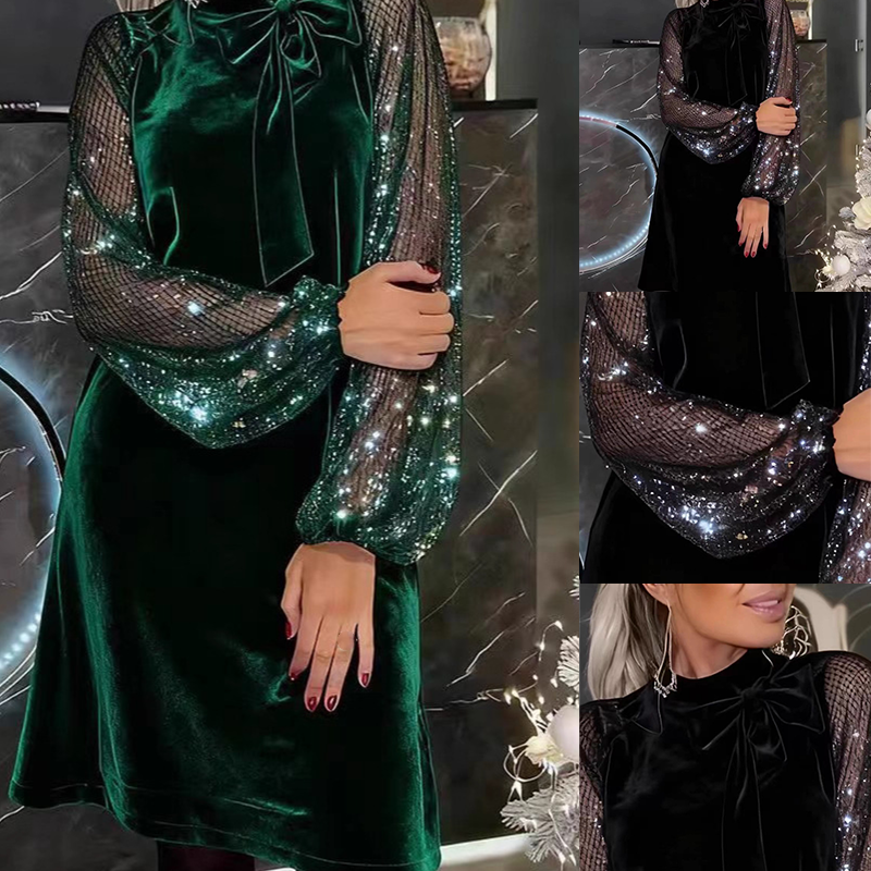 🎅Xmas Sales - 50% OFF🎄Women's Sequin Bow Tie Neck Dress✨👗