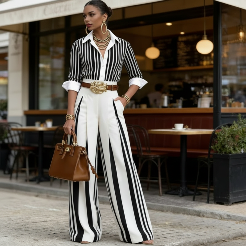 🥳SUMMER HOT SALE🥳💞 Women's Striped Shirt & Wide-Leg Pants 2-Piece Set