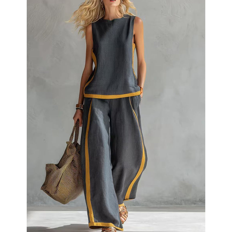 Casual Sleeveless Colorblock Top & Wide-Leg Pants Set