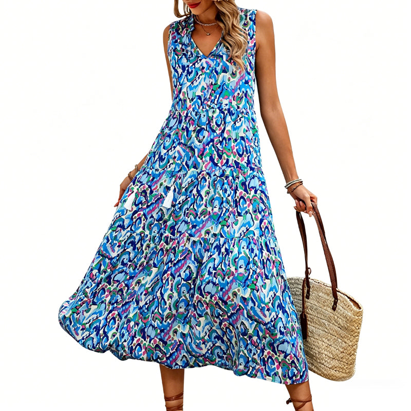 🎨 50% OFF NOW! 💃 Abstract Print Tiered Midi Dress – Flowy, Boho Chic & Breathable – Perfect for Summer Vacations ✨