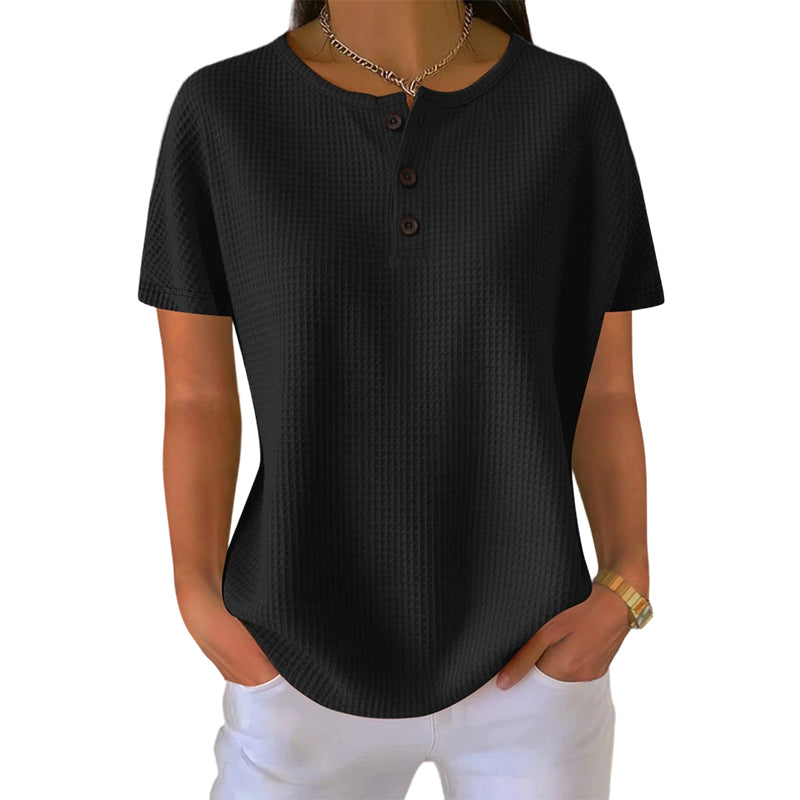 Women's Short Sleeve Waffle Knit Henley Top