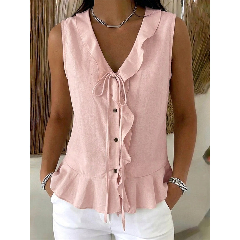 🌬️ Lightweight Ruffle Trim Top — Breezy Chiffon Fabric | V-Neck | Keeps You Cool on Warm Days