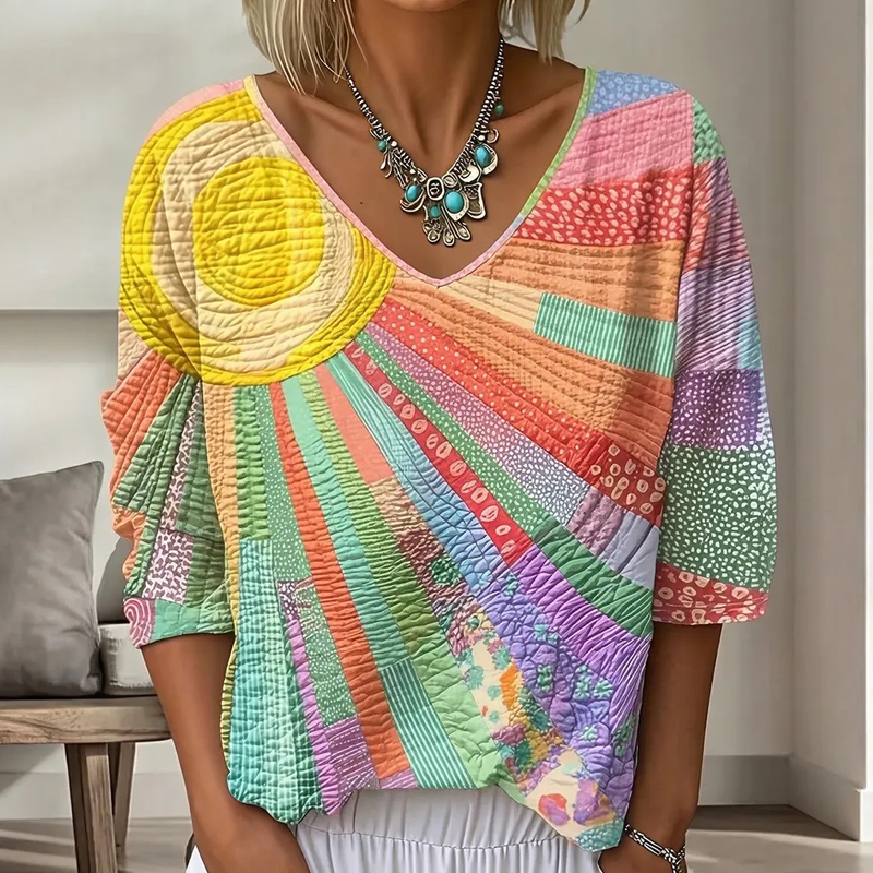 ✨Women's Retro Patchwork V-Neck Blouse – Artistic Style & Effortless Everyday Elegance 🌸