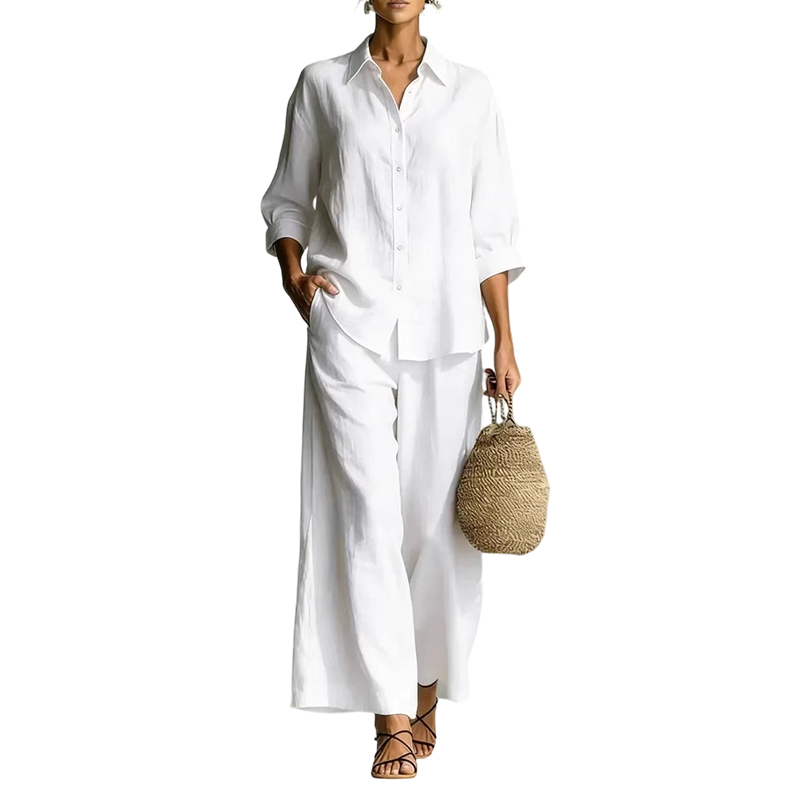 Women's Casual Shirt & Flowy Wide-Leg Pants Set