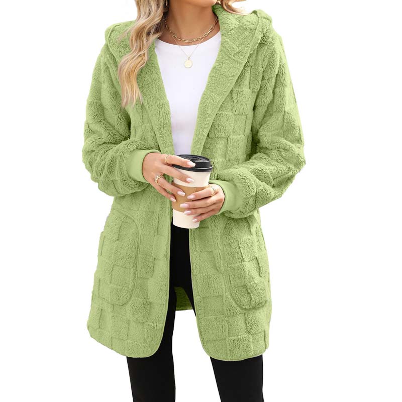 🌸 55% OFF NOW!Hooded Fluffy Fleece Cardigan, Textured Check Pattern Open Front Coat with Pockets