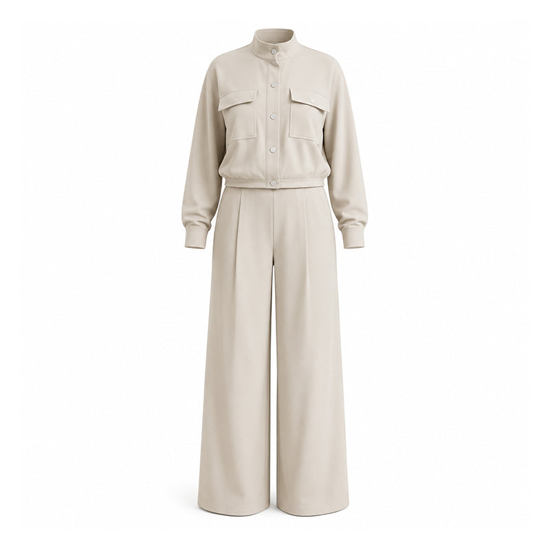 ✨ Effortless Everyday Style | Women's Stand-Collar Jacket & Wide-Leg Pants 2-Piece Set