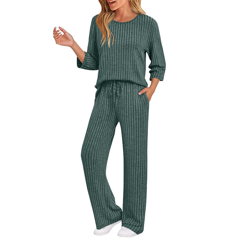 👍✨Women's 2026 UK Ribbed Knit Top & Straight Pants Set