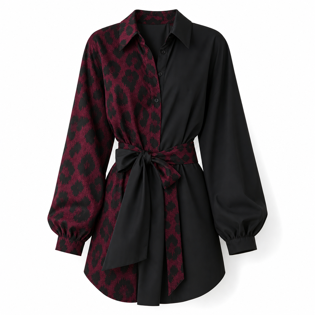 🐆Women's Leopard Print Contrast Patchwork Long Sleeve Shirt Mini Dress with Belt