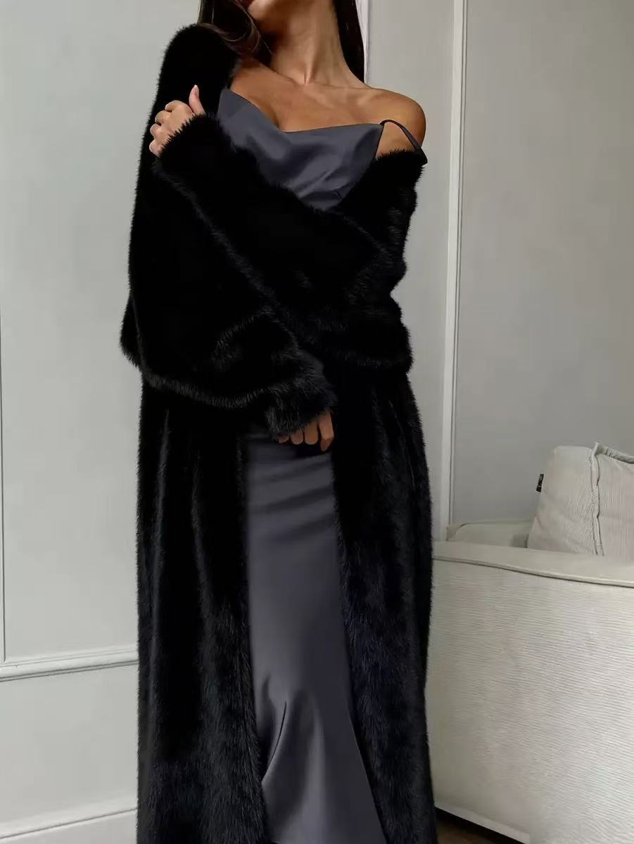 Women's Faux Mink Fleece Long Cardigan Sweater Fluffy Oversized Knit Coat for Autumn and Winter