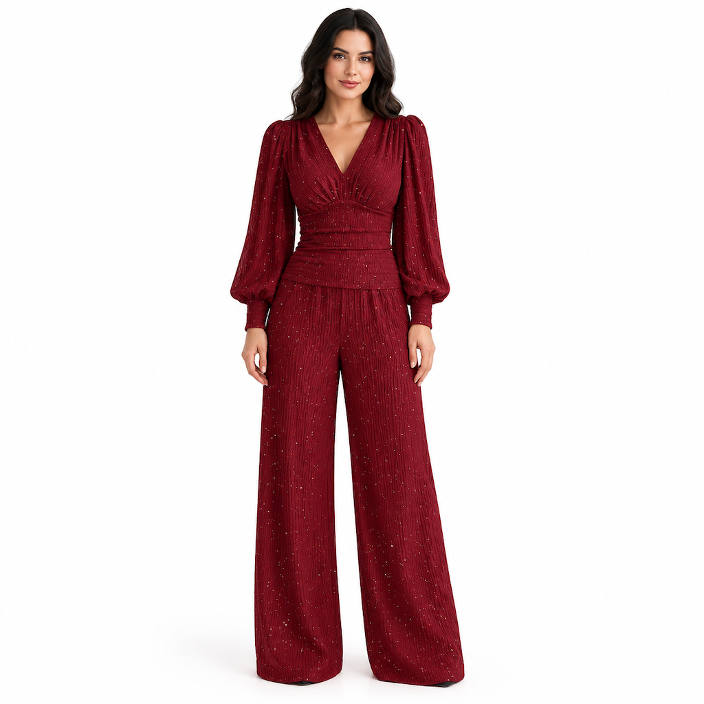 Women's Two Piece Outfit Fall Winter Deep V Neck Lantern Sleeve Pleated Top and Wide Leg Pants with Pockets