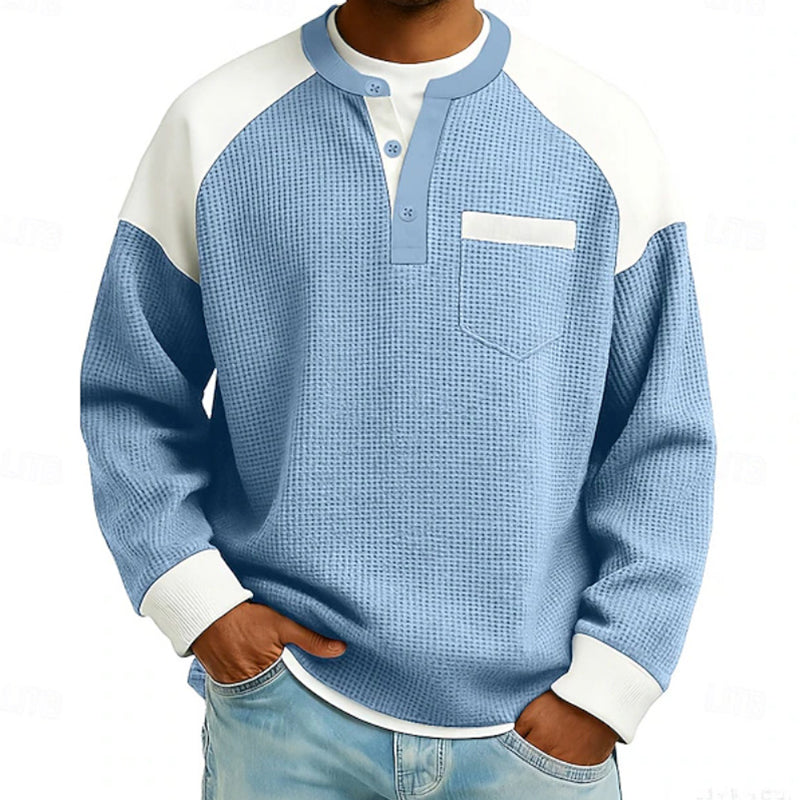 Men's Casual Color-Block Waffle Knit Henley Top