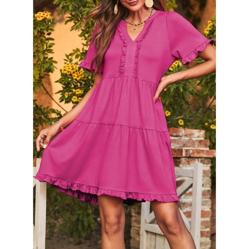 🔥2026 Summer Hot Sale 49% OFF🌈Women's V Neck Ruffle Casual A-Line Flowy Swing Shift Dress