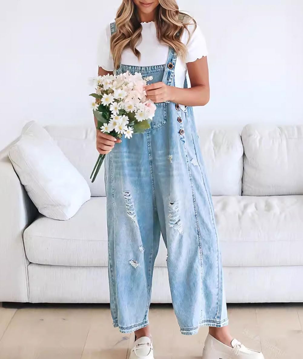 💖LAST DAY SALE 50% OFF💖Women's Cute Casual Button Jumpsuit Ripped Denim Overalls