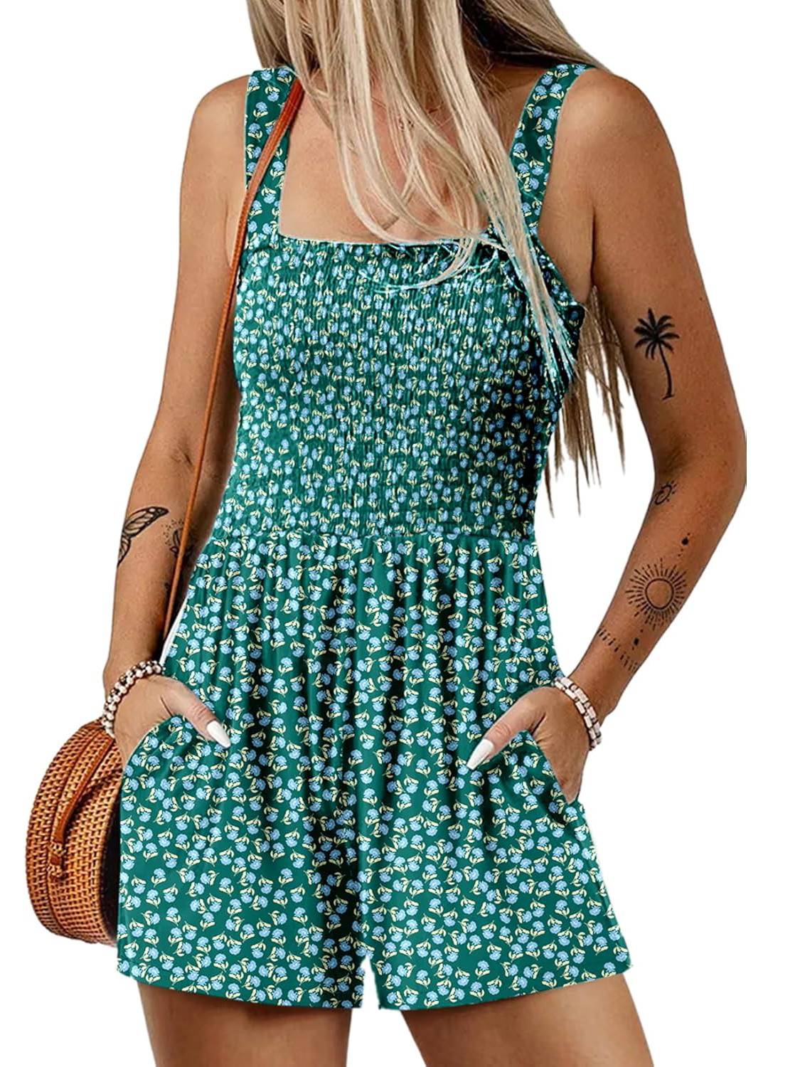 ⏰Hot Sale 49% Off💃Women's Summer Square Neck Sleeveless Loose Casual Short Smocked Romper