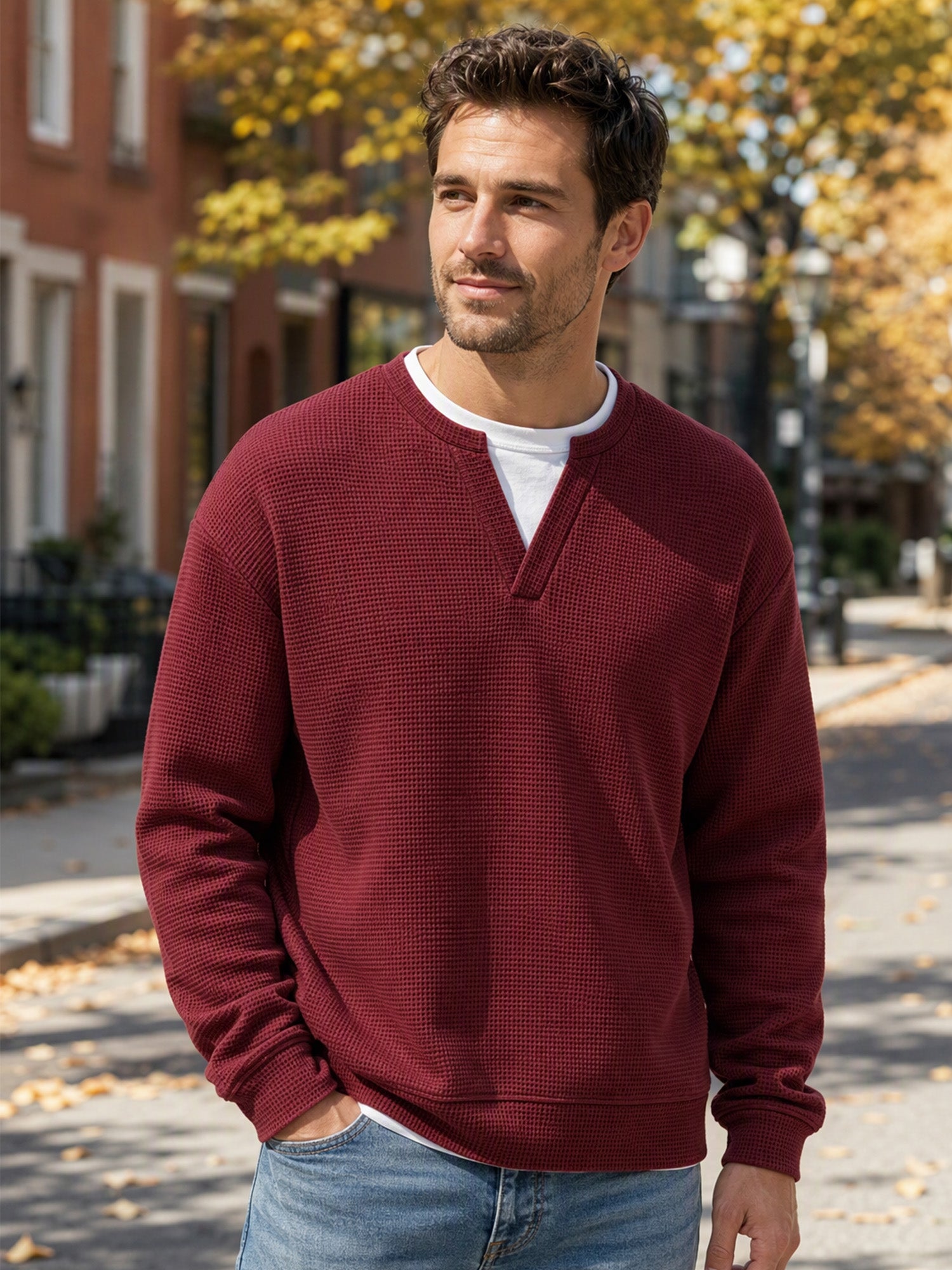 ✨ Timeless Comfort | Men's Textured Waffle Layered-Look Long-Sleeve Tee