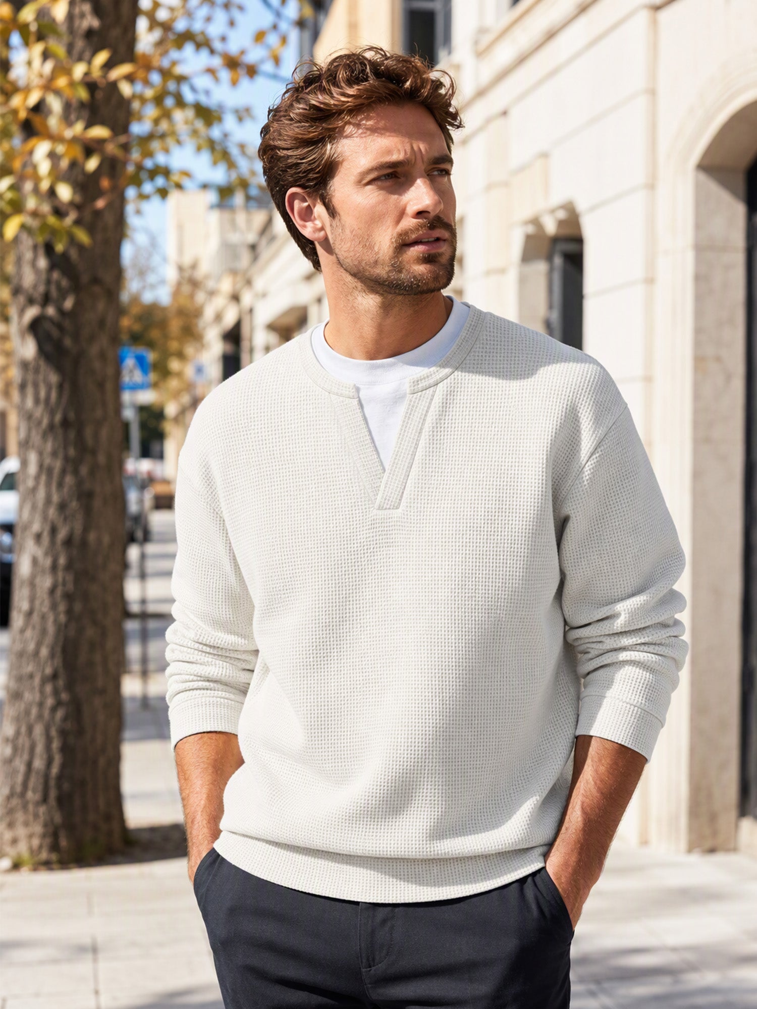 ✨ Timeless Comfort | Men's Textured Waffle Layered-Look Long-Sleeve Tee