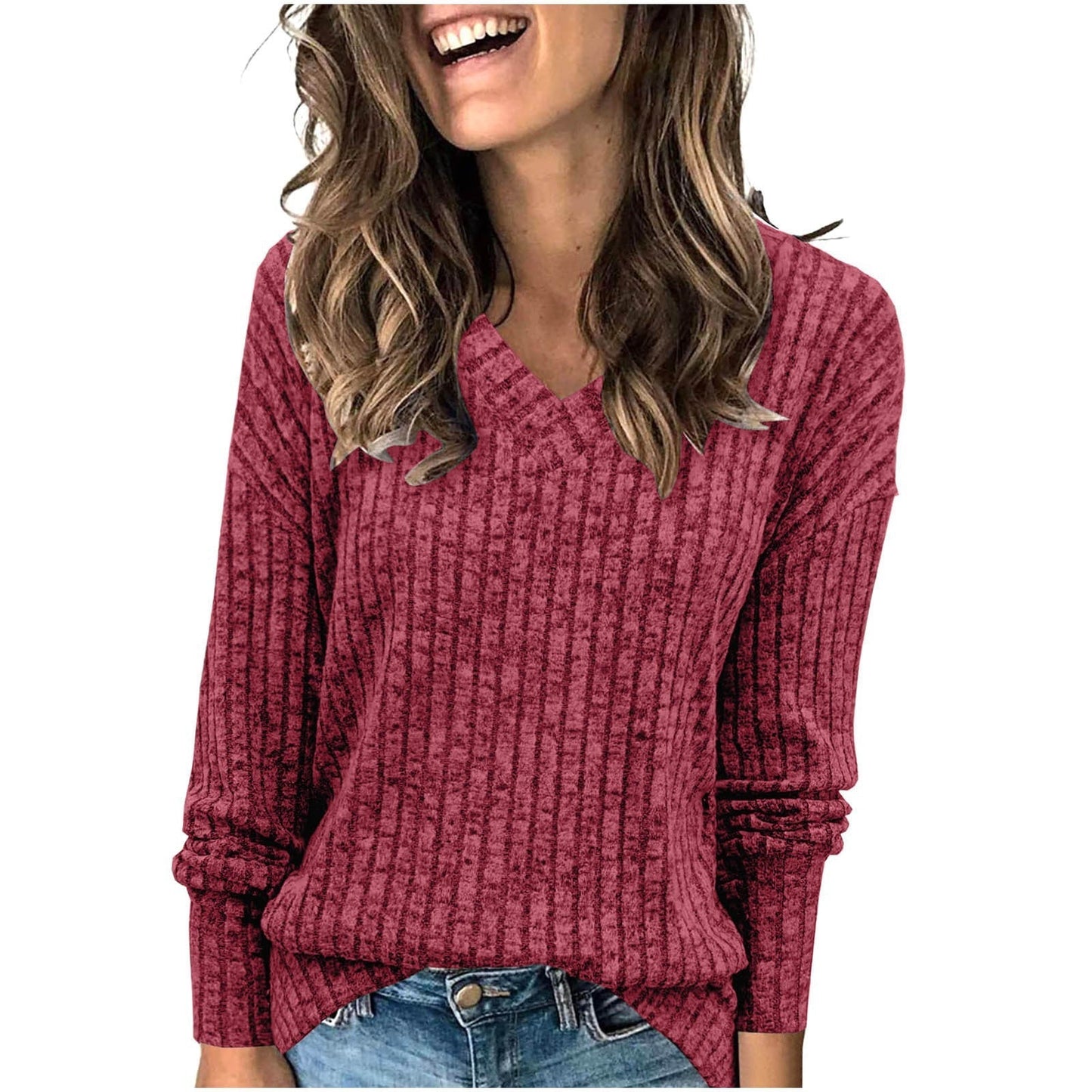 Women's V Neck Long Sleeve Solid Sweater -👏Soft and Warm!
