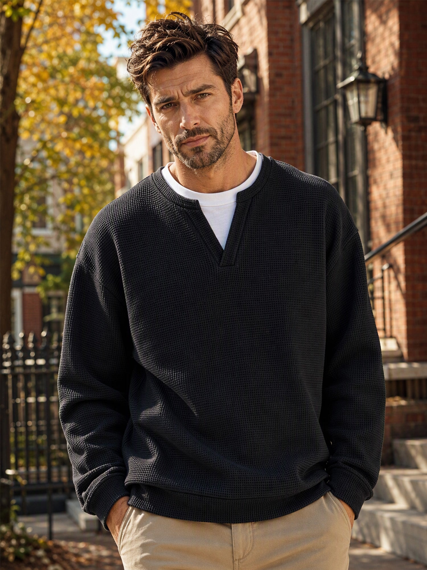 ✨ Timeless Comfort | Men's Textured Waffle Layered-Look Long-Sleeve Tee
