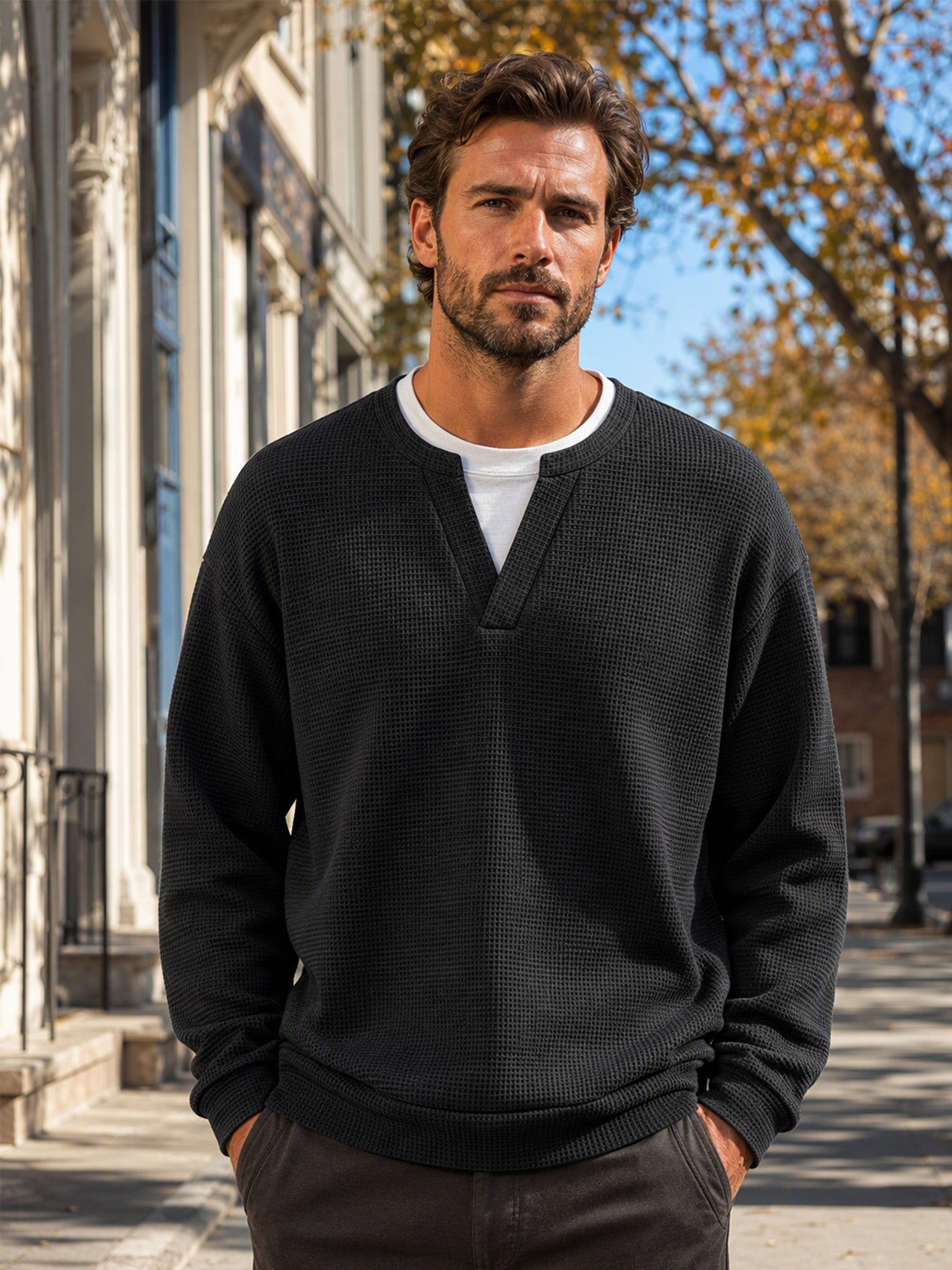 ✨ Timeless Comfort | Men's Textured Waffle Layered-Look Long-Sleeve Tee