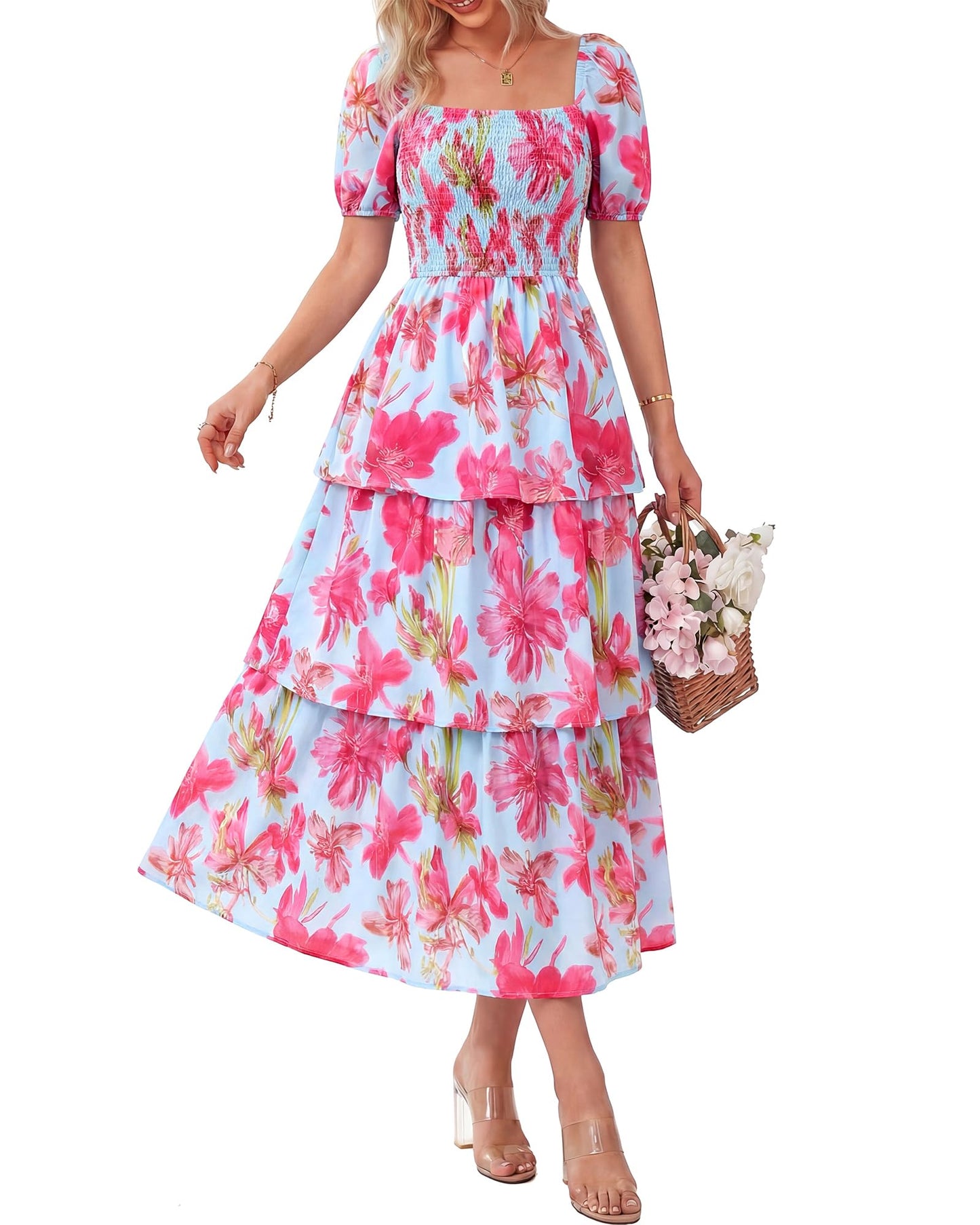 🌸 A summer dream – Chiffon maxi dress with a floral print and ruffles – short-sleeved with a round neckline👗