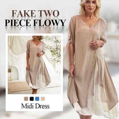 🔥Women’s Fake Two-Piece Flowy Midi Dress