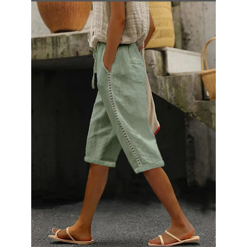 Women's Summer Capri Pants with Lace Cutout Detail