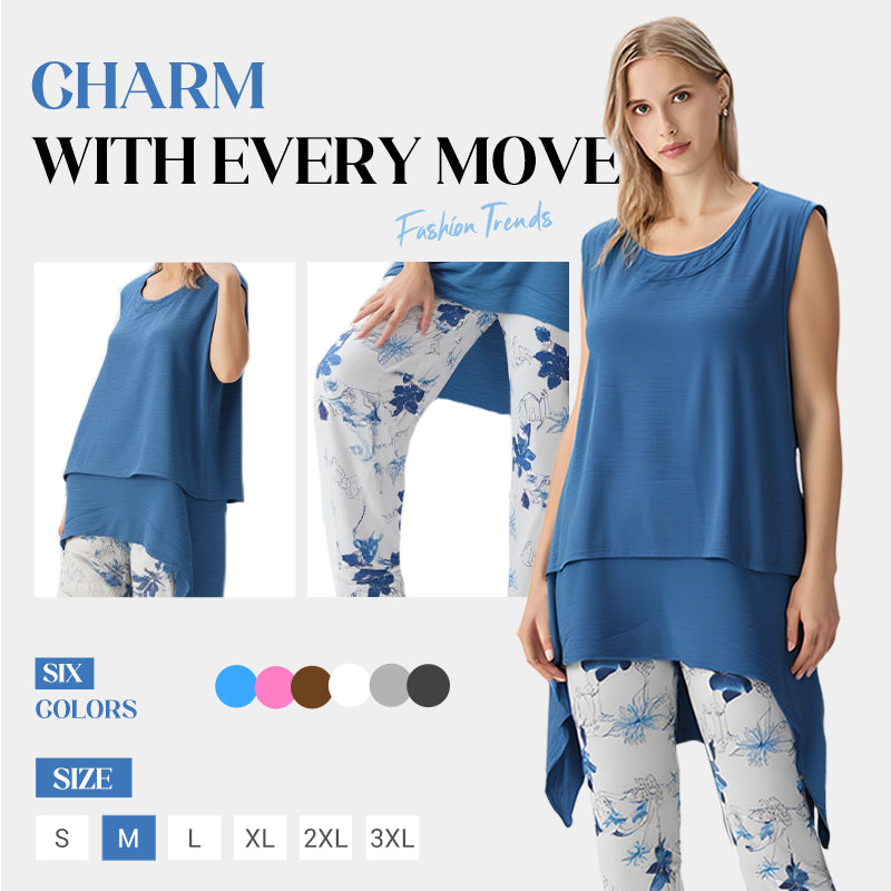 Women's Sleeveless Irregular Hem Top & Printed Pants Set