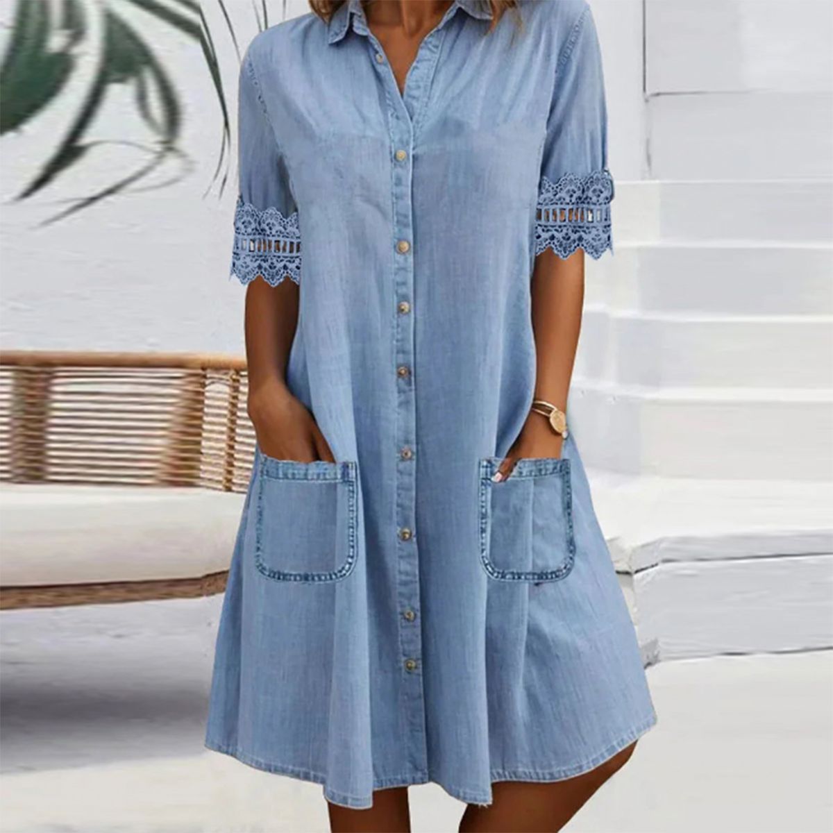 🎁Limited time 50% OFF⏳Blue Plain Collared Lace Trim Denim MIni Dress