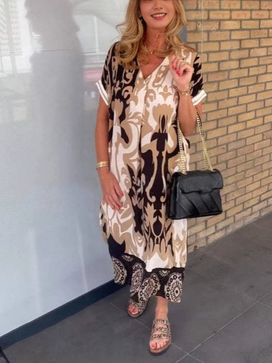 🌺Mother's Day UP TO 50% OFF!!🔥Printed V Neck Loose Midi Dress