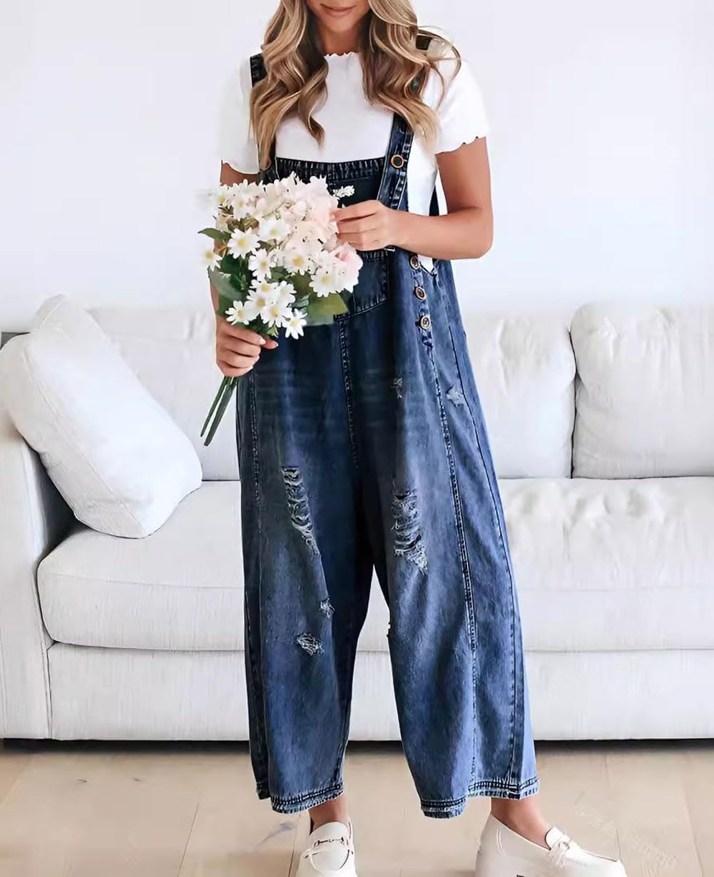 💖LAST DAY SALE 50% OFF💖Women's Cute Casual Button Jumpsuit Ripped Denim Overalls