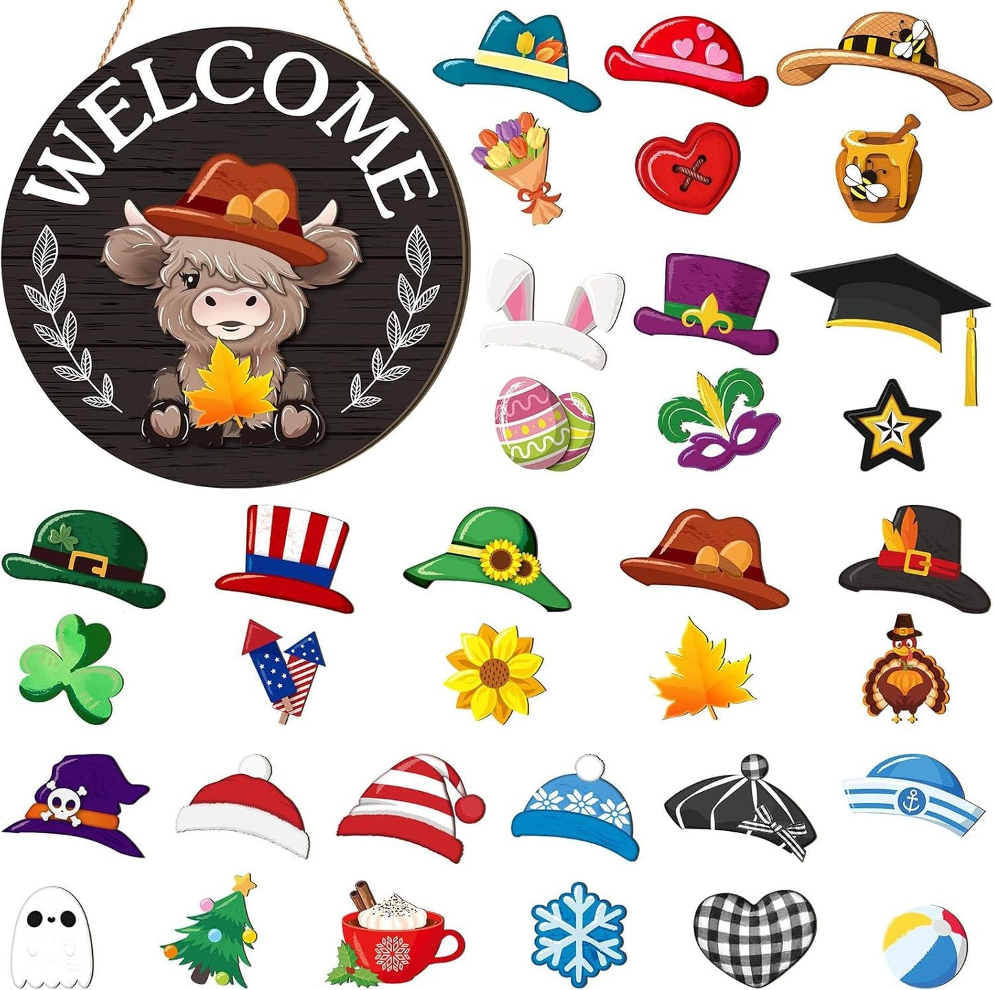 ⏰Interchangeable Welcome Sign with Highland Cow Featuring Seasonal Magnet, Detachable Hats, Accessories