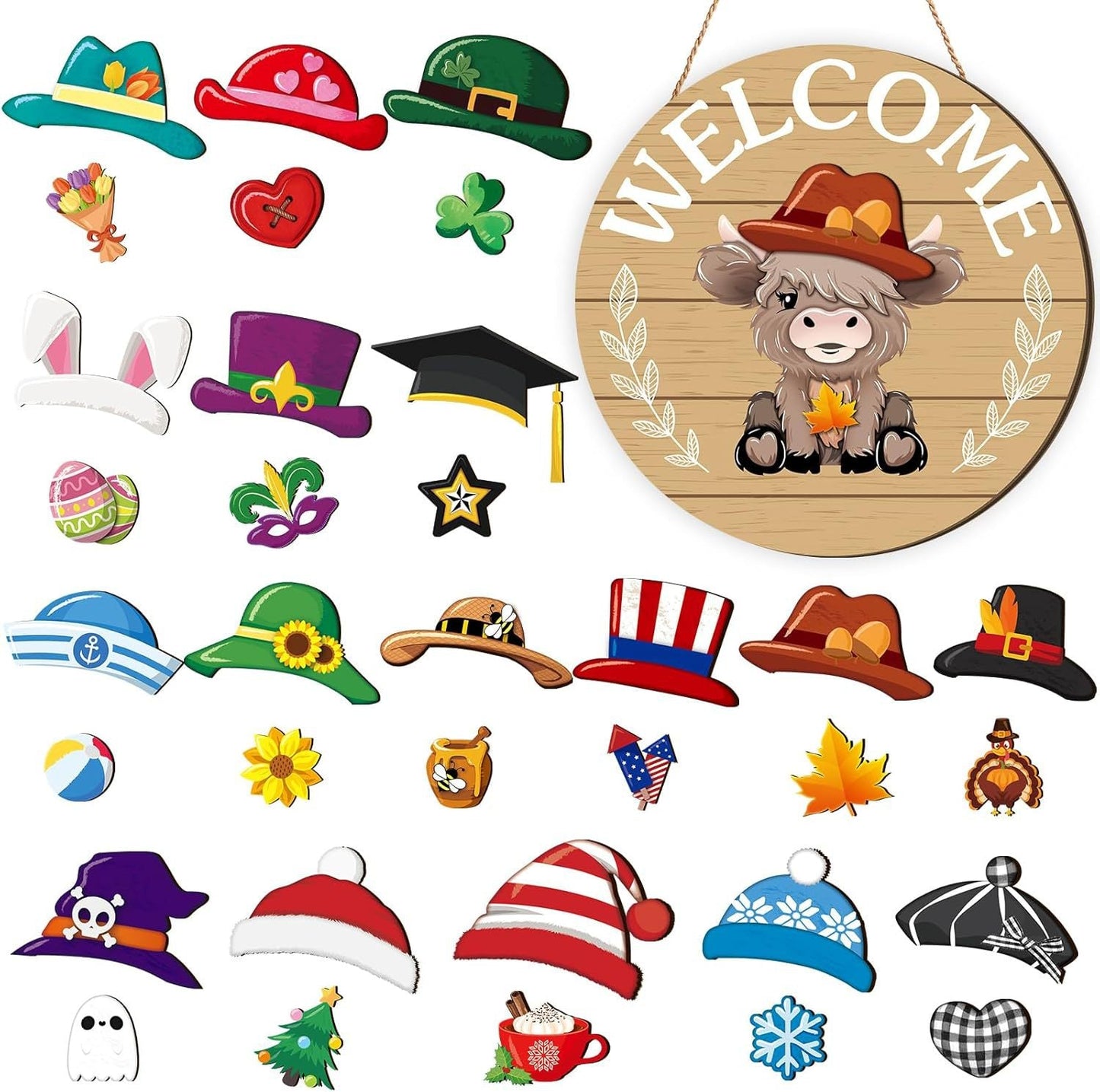 ⏰Interchangeable Welcome Sign with Highland Cow Featuring Seasonal Magnet, Detachable Hats, Accessories