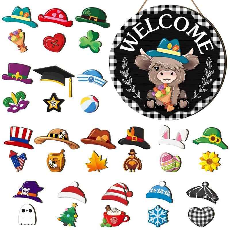 ⏰Interchangeable Welcome Sign with Highland Cow Featuring Seasonal Magnet, Detachable Hats, Accessories