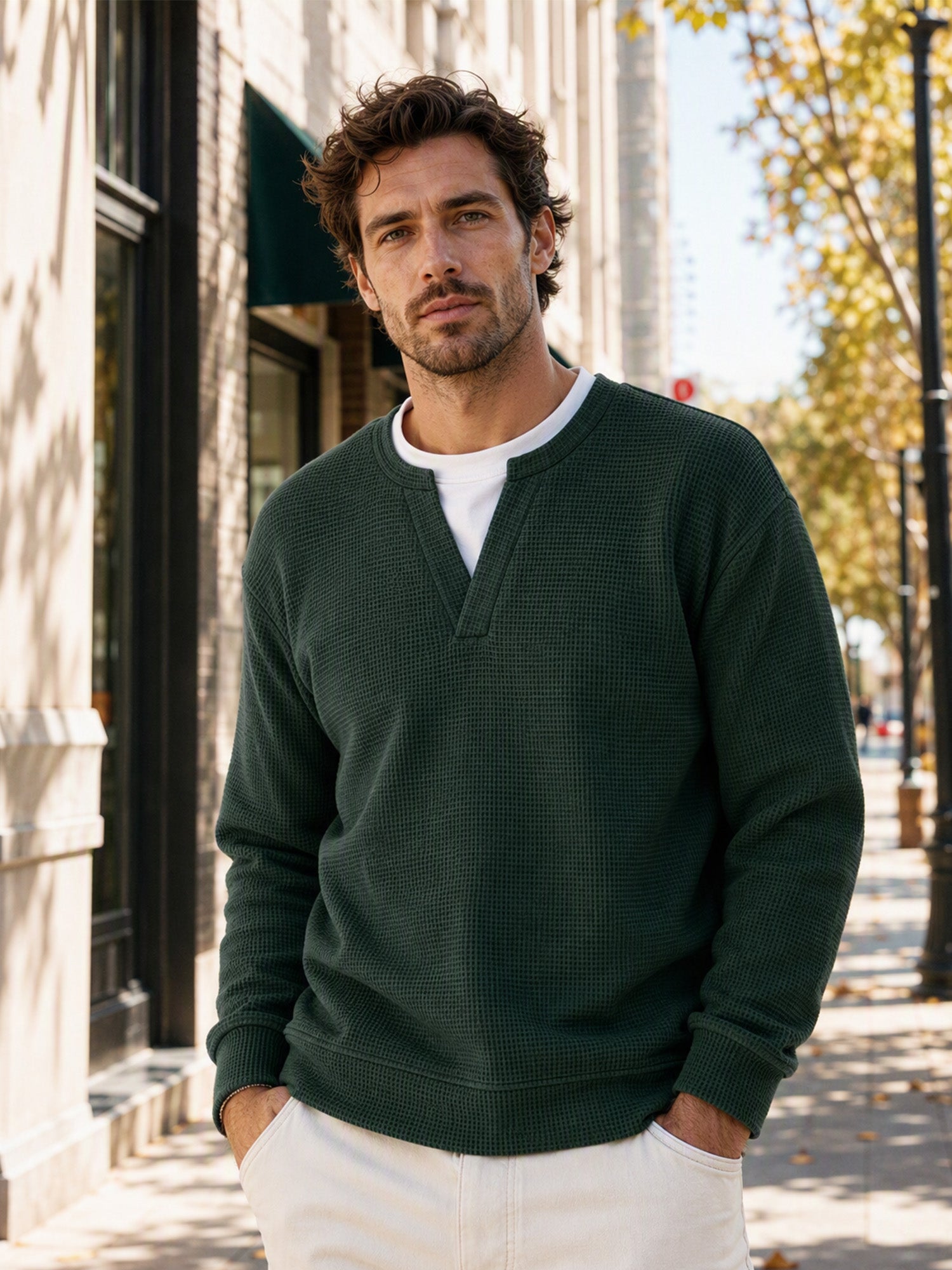 ✨ Timeless Comfort | Men's Textured Waffle Layered-Look Long-Sleeve Tee