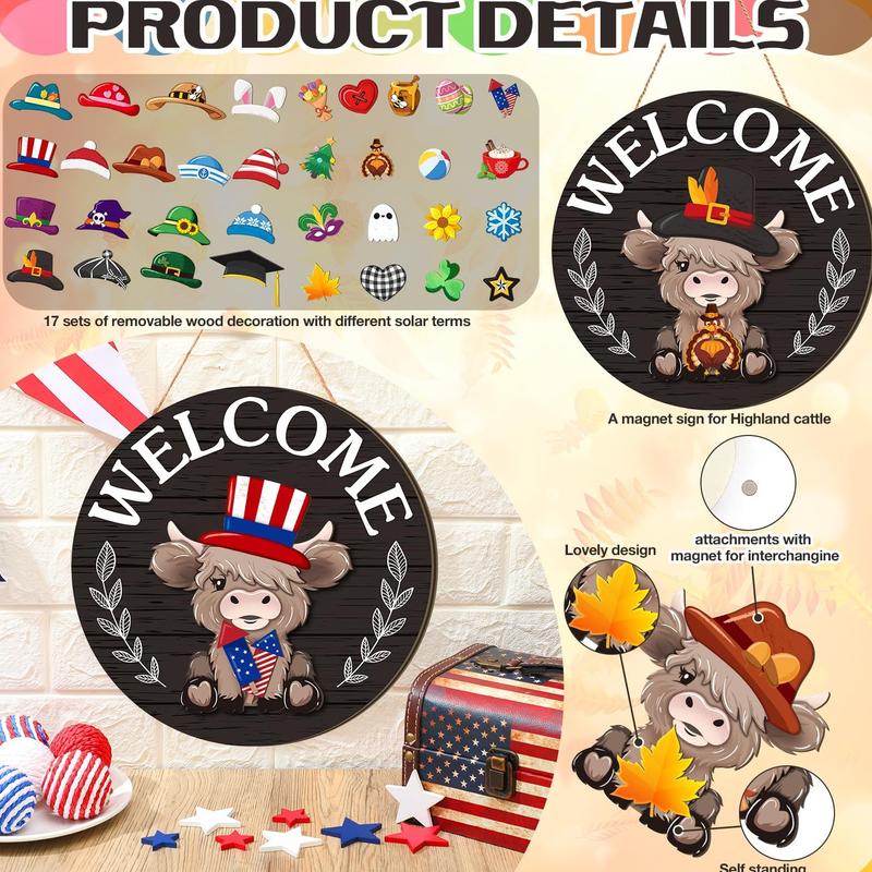 ⏰Interchangeable Welcome Sign with Highland Cow Featuring Seasonal Magnet, Detachable Hats, Accessories