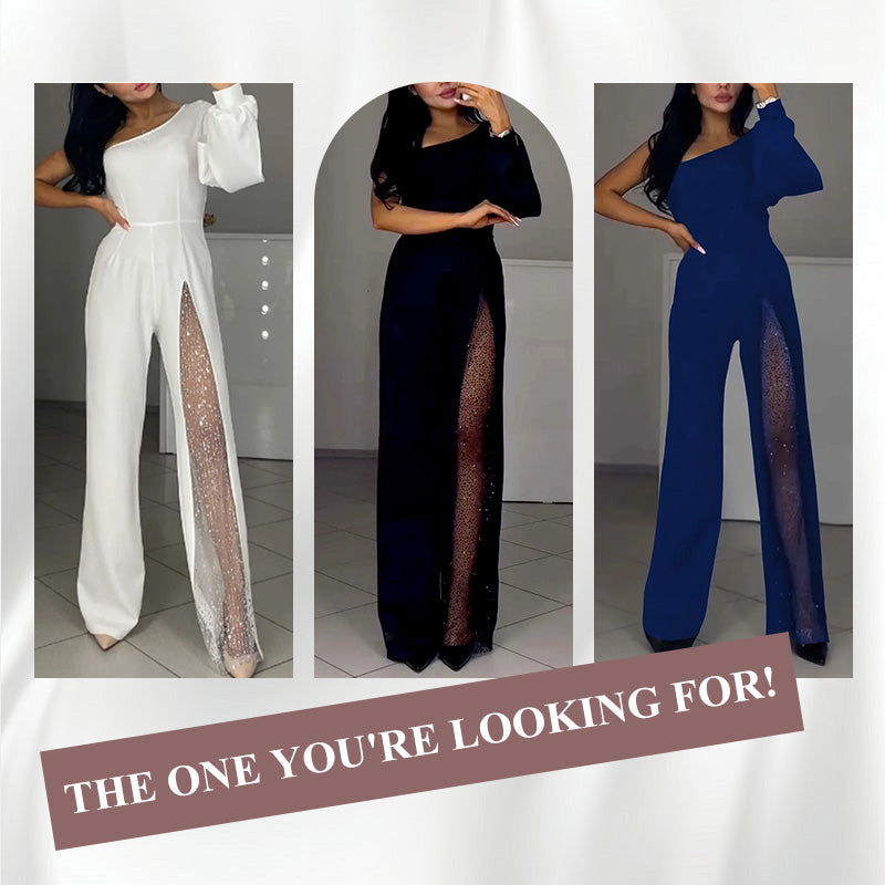 ✨50% OFF👠Sparkling One Shoulder Mesh Flared Jumpsuit🖤
