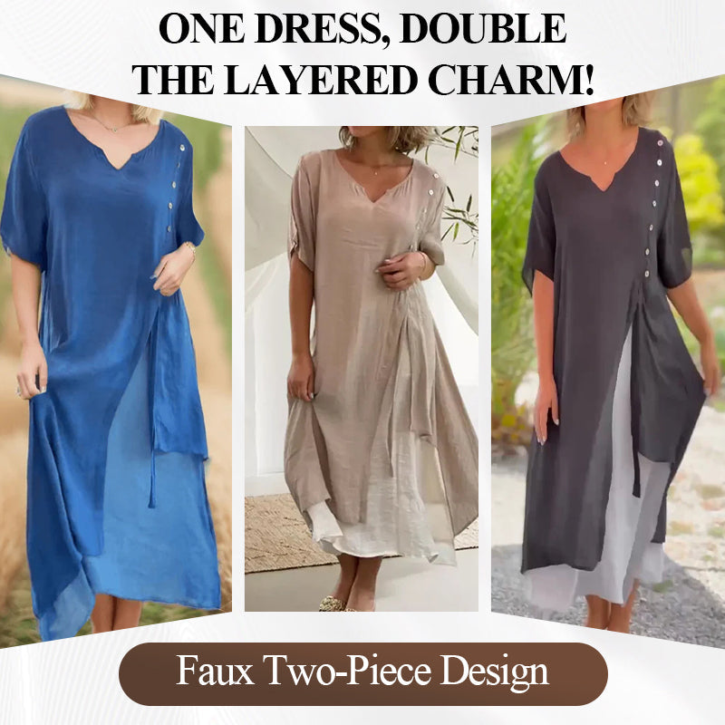 🔥Women’s Fake Two-Piece Flowy Midi Dress