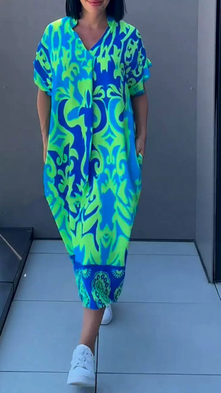 🌺Mother's Day UP TO 50% OFF!!🔥Printed V Neck Loose Midi Dress