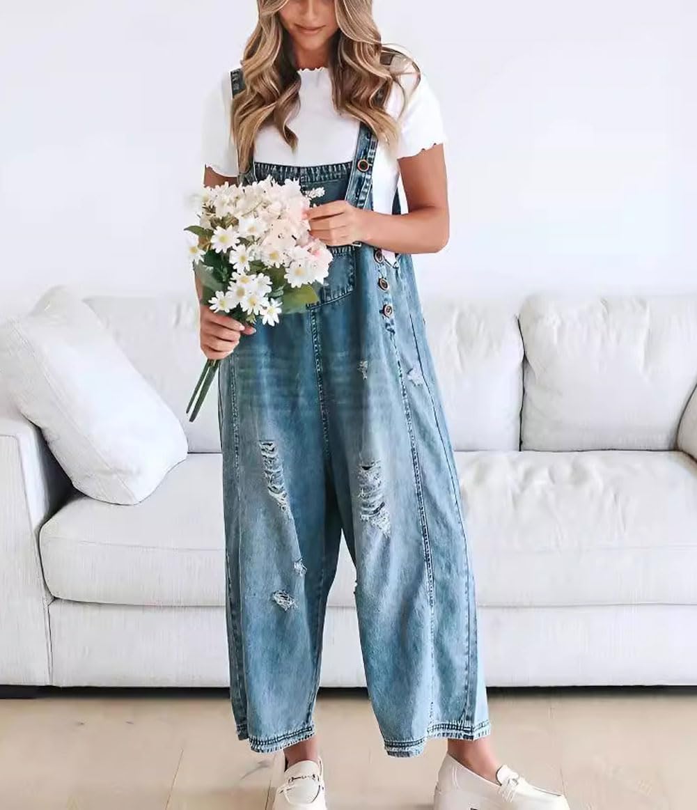 💖LAST DAY SALE 50% OFF💖Women's Cute Casual Button Jumpsuit Ripped Denim Overalls