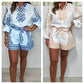 Patterned Tie Waist Button Up Two-Piece Shorts Set