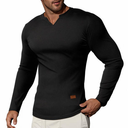Men's Athletic Longline Ribbed Top 🔥 – V-Neck Long Sleeve, Moisture-Wicking for Gym Sessions/Casual