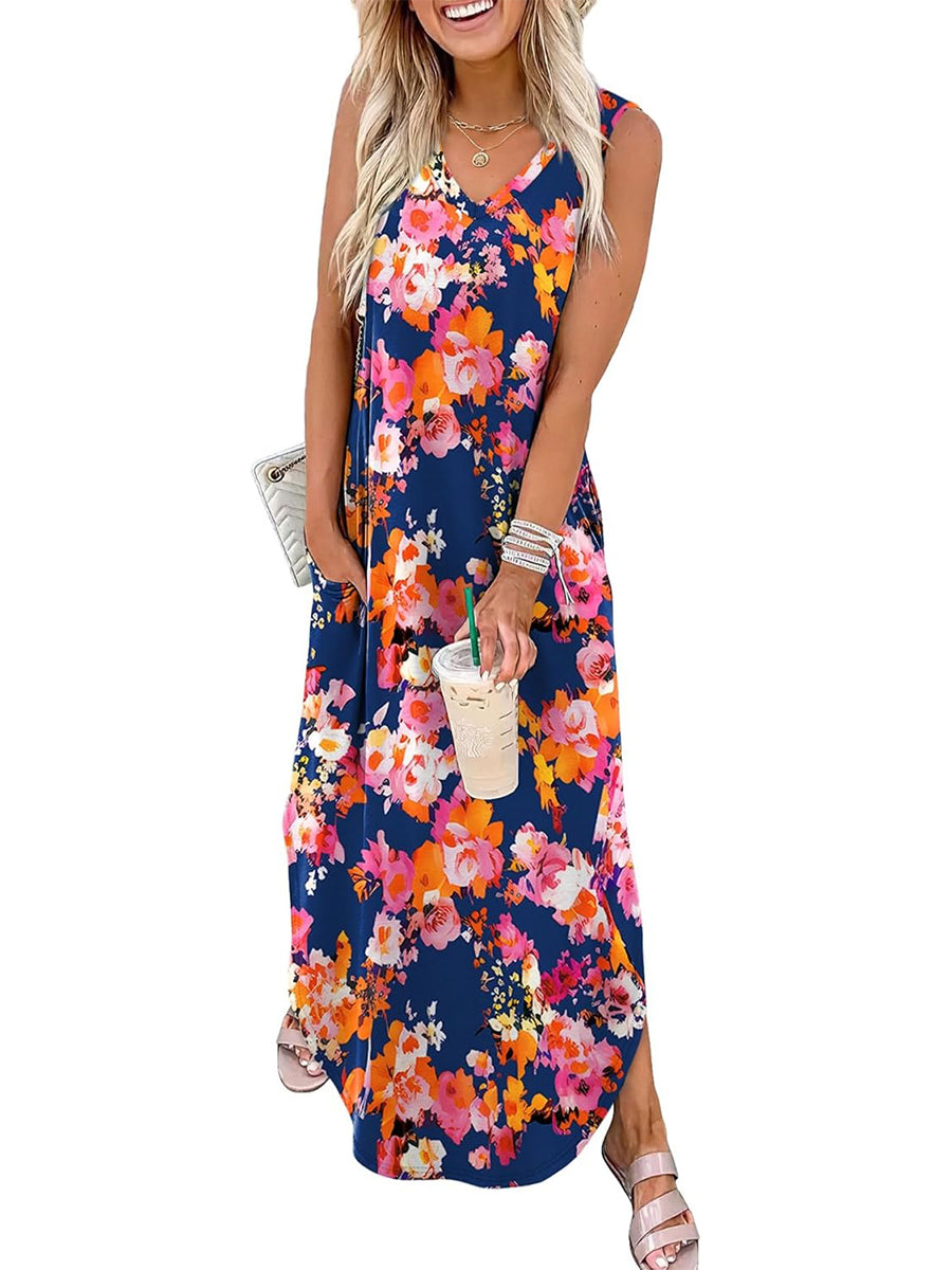 🎉Last Day Promotion 50% OFF💃2025 Summer Boho Print V Neck Maxi Dress with Pockets