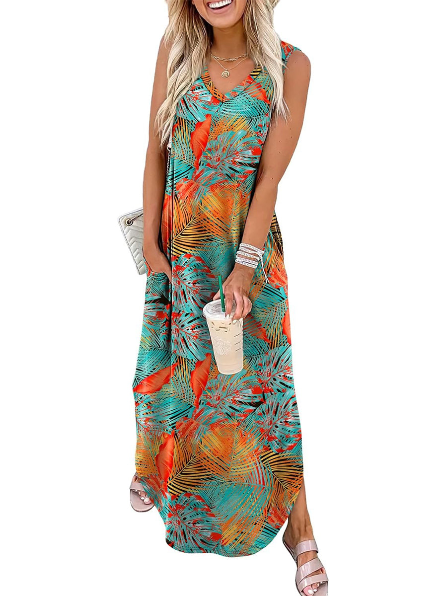 🎉Last Day Promotion 50% OFF💃2025 Summer Boho Print V Neck Maxi Dress with Pockets