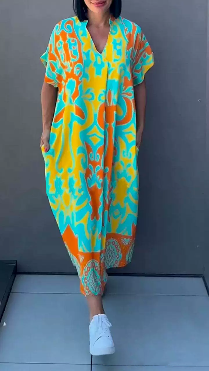 🌺Mother's Day UP TO 50% OFF!!🔥Printed V Neck Loose Midi Dress