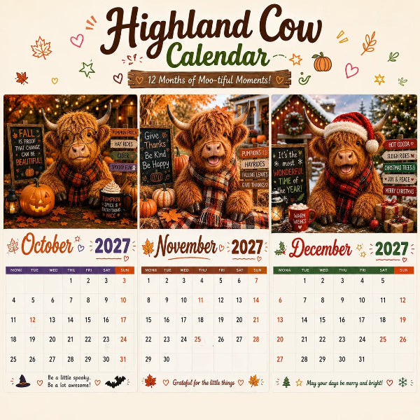 ✨️Surprise 60% Off！💥Each only ￡7.99🐮May 2027 bring you booming luck！🔥2027 Funny Highland Cow Wall Calendar | A4 Hanging Calendar |