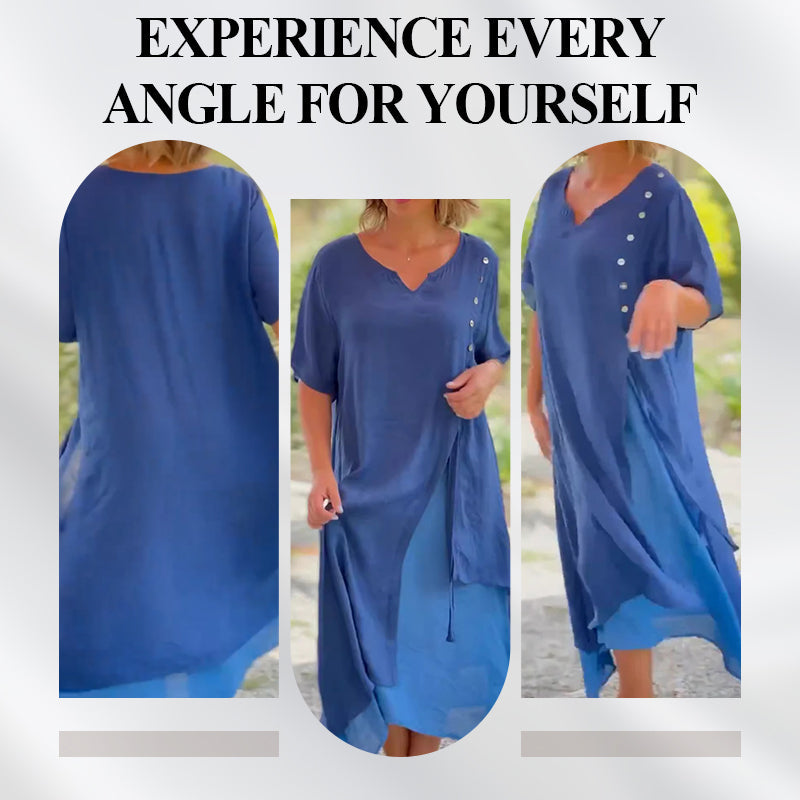 🔥Women’s Fake Two-Piece Flowy Midi Dress