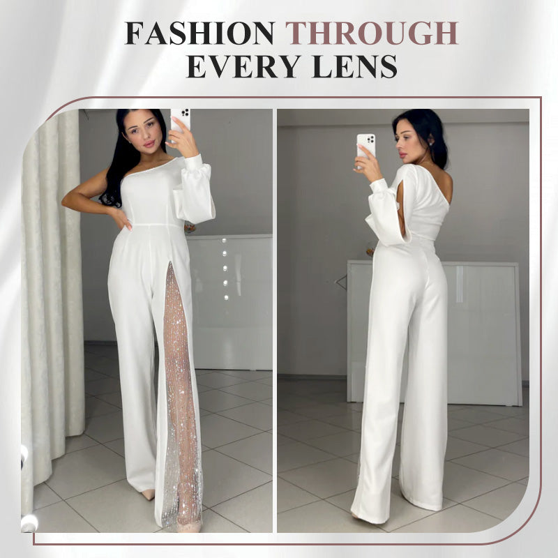 ✨50% OFF👠Sparkling One Shoulder Mesh Flared Jumpsuit🖤